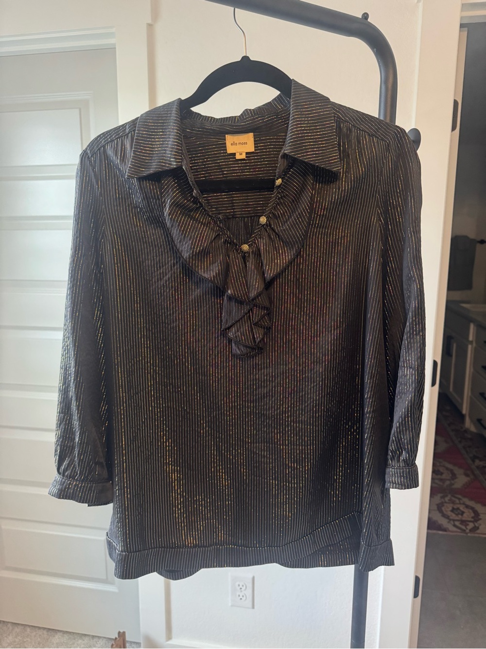 Ella Moss Black Metallic-Striped Ruffle V-Neck Blouse